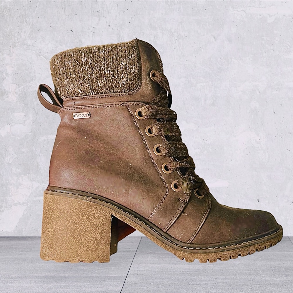 New Roxy womens whitley block heel lace up zipper combated moto boots chocolate